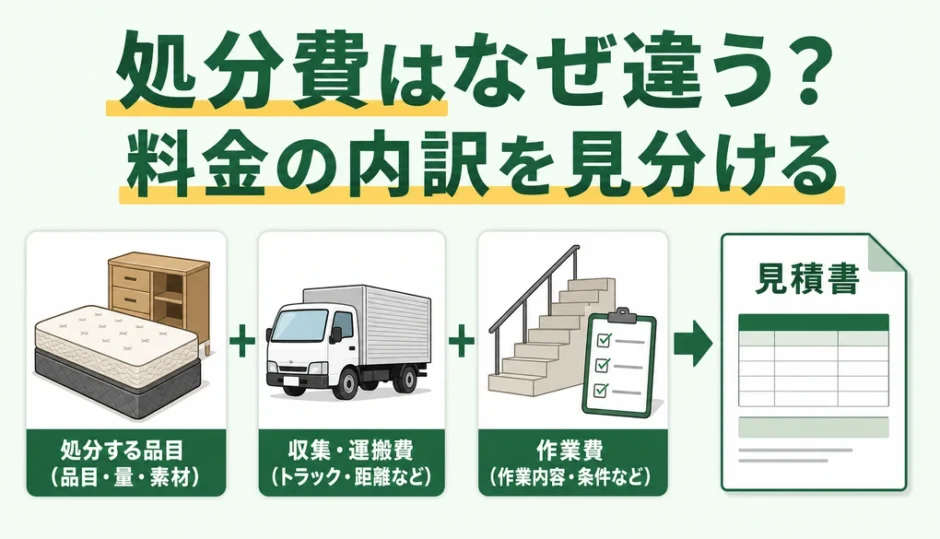 不用品の処分費が品目で違う理由と料金内訳を示す図