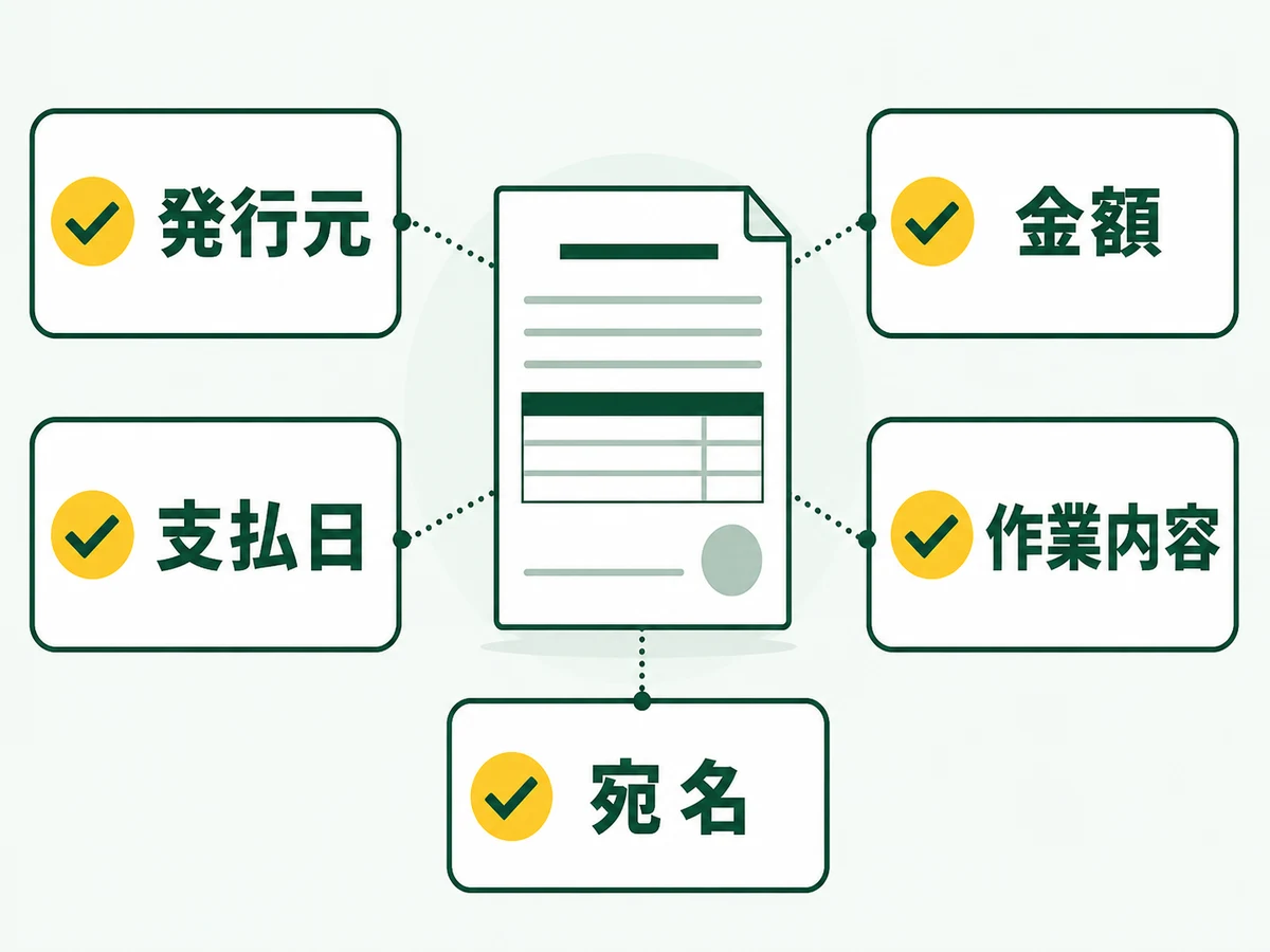 不用品回収の領収書で発行元・支払日・金額・作業内容・宛名を確認する図