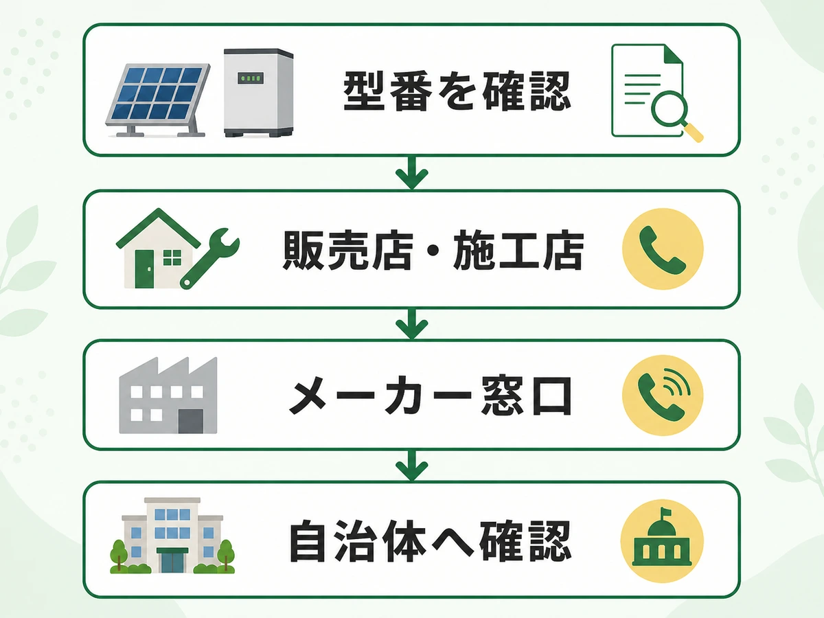 型番を確認して販売店・施工店、メーカー窓口、自治体へ進む処分先確認フロー