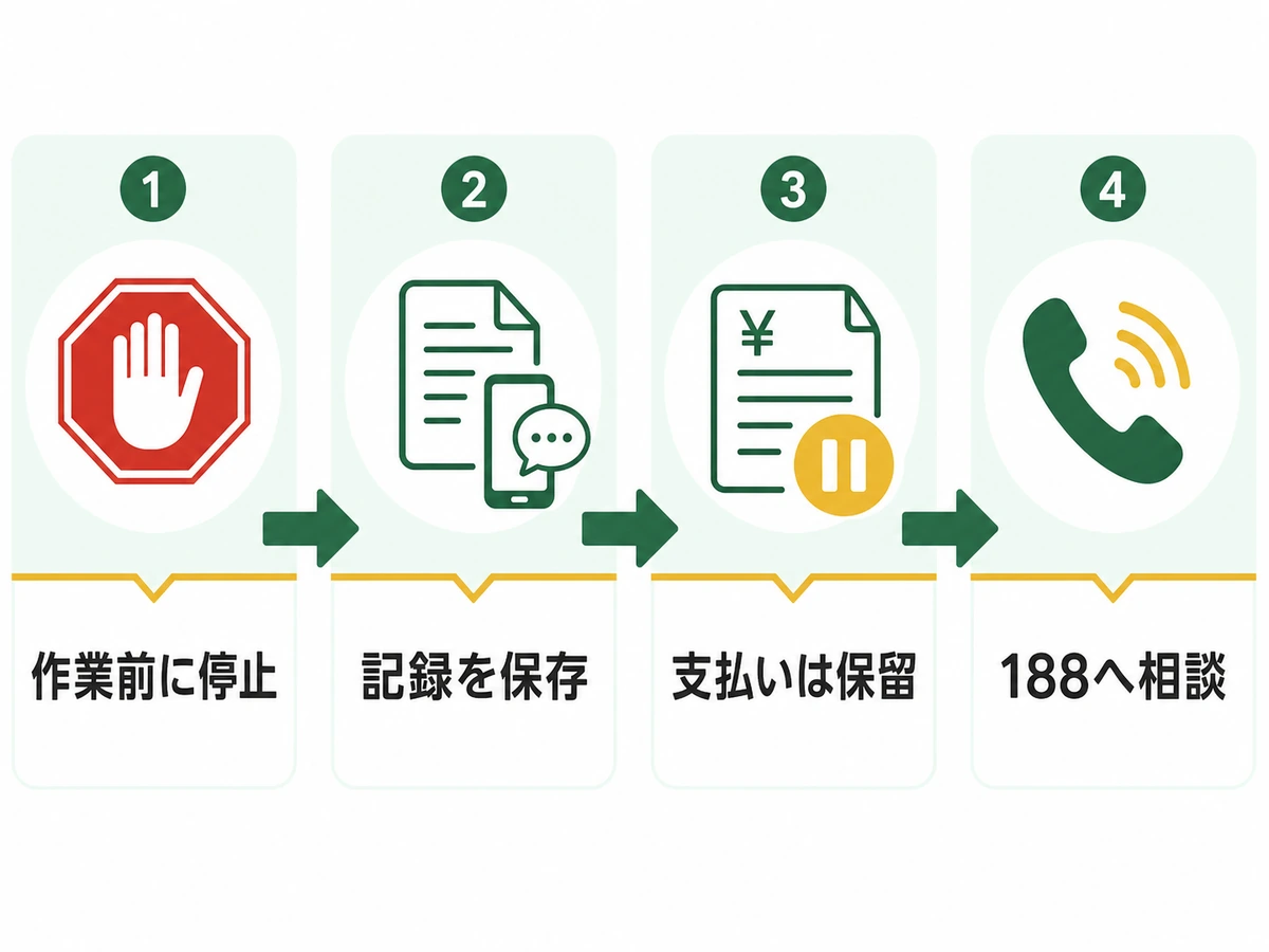 見積もりと請求が違うときに作業停止・記録保存・支払い保留・188相談へ進む図