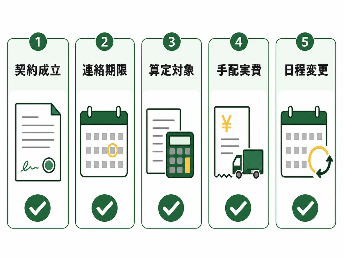 不用品回収のキャンセル料を契約成立・連絡期限・算定対象・手配実費・日程変更で確認する図