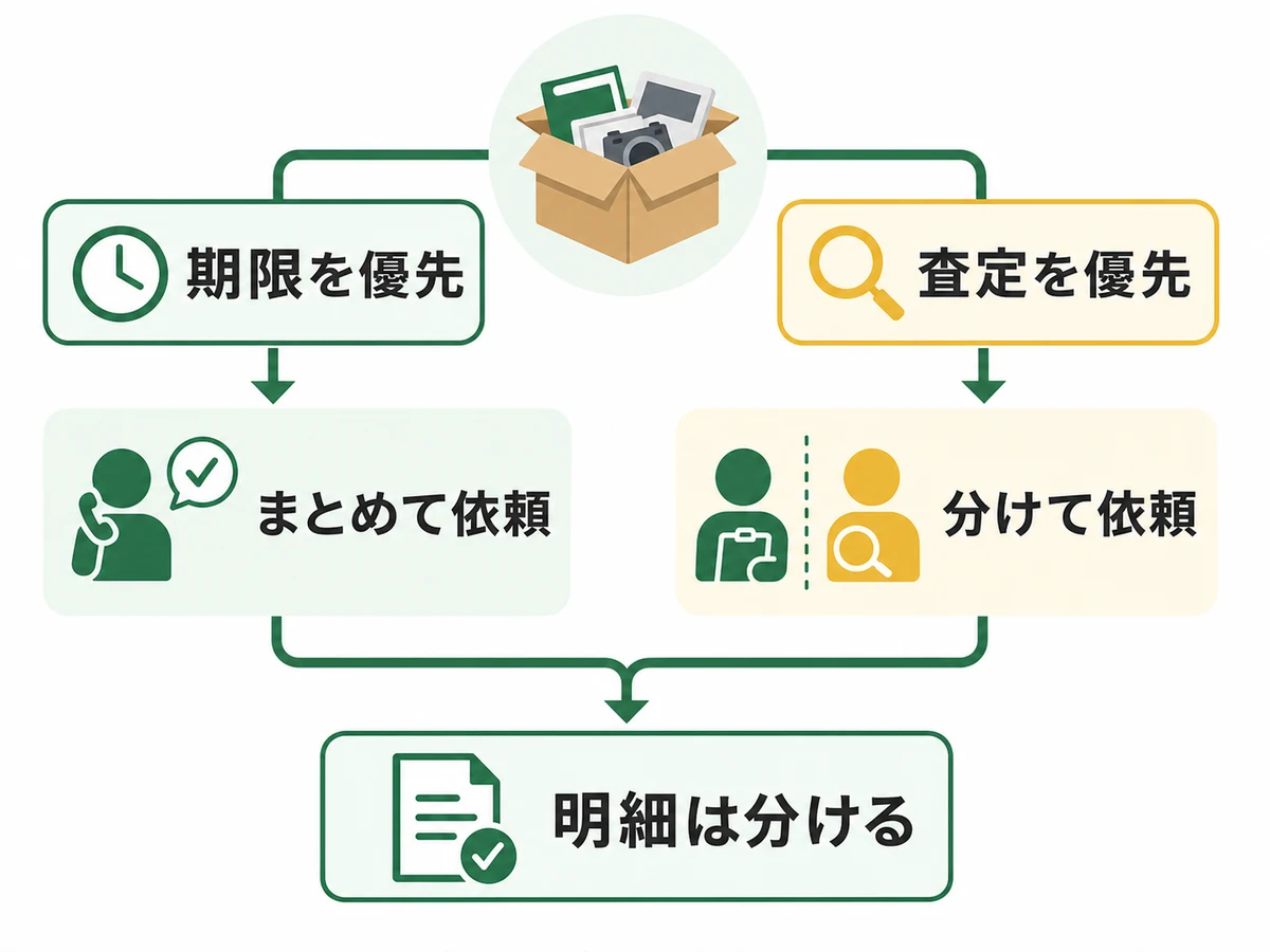 期限を優先するならまとめて依頼し、査定を優先するなら買取と回収を分ける判断図