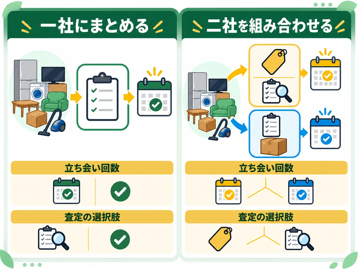 出張買取と不用品回収を一社にまとめる方法と二社を組み合わせる方法の比較