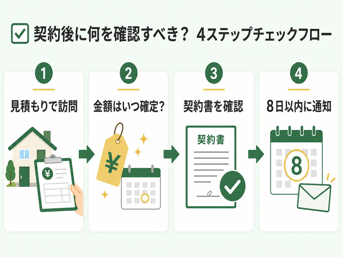 不用品回収契約で見積もり、金額確定、契約書、8日以内の通知を確認する流れ