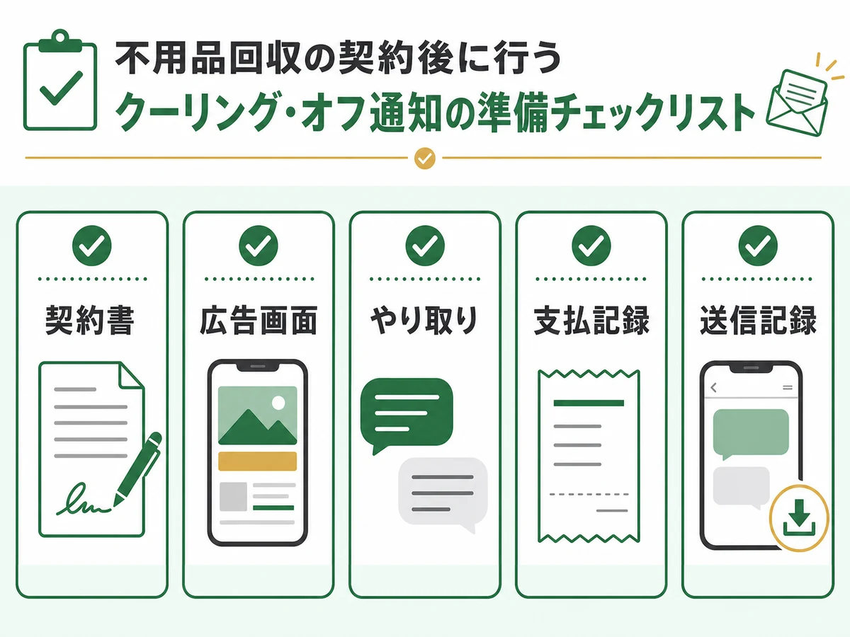 クーリングオフ通知前に契約書、広告画面、やり取り、支払記録、送信記録をそろえるチェック図