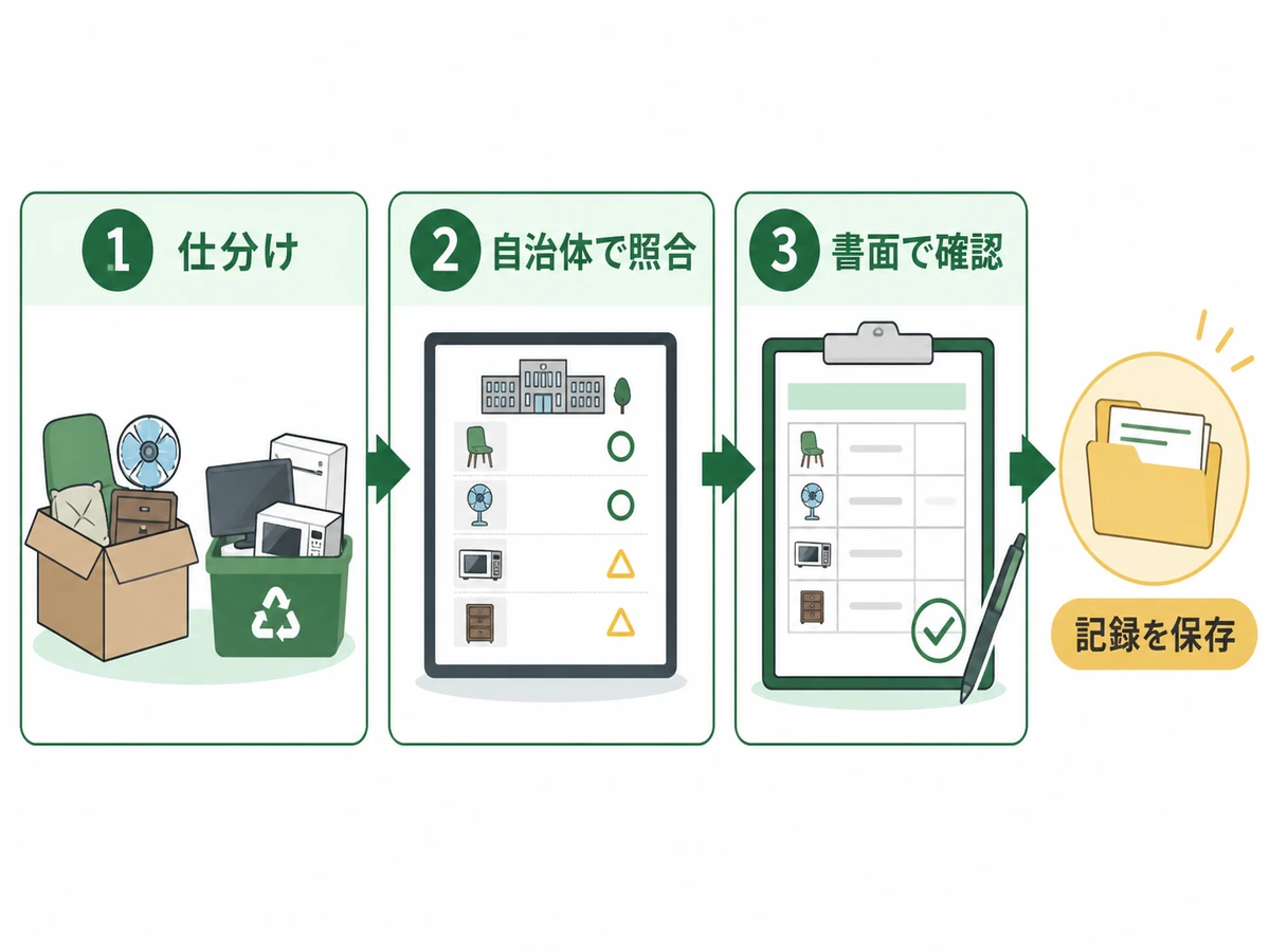 仕分け、自治体で照合、書面で確認、記録保存の依頼前チェックフロー