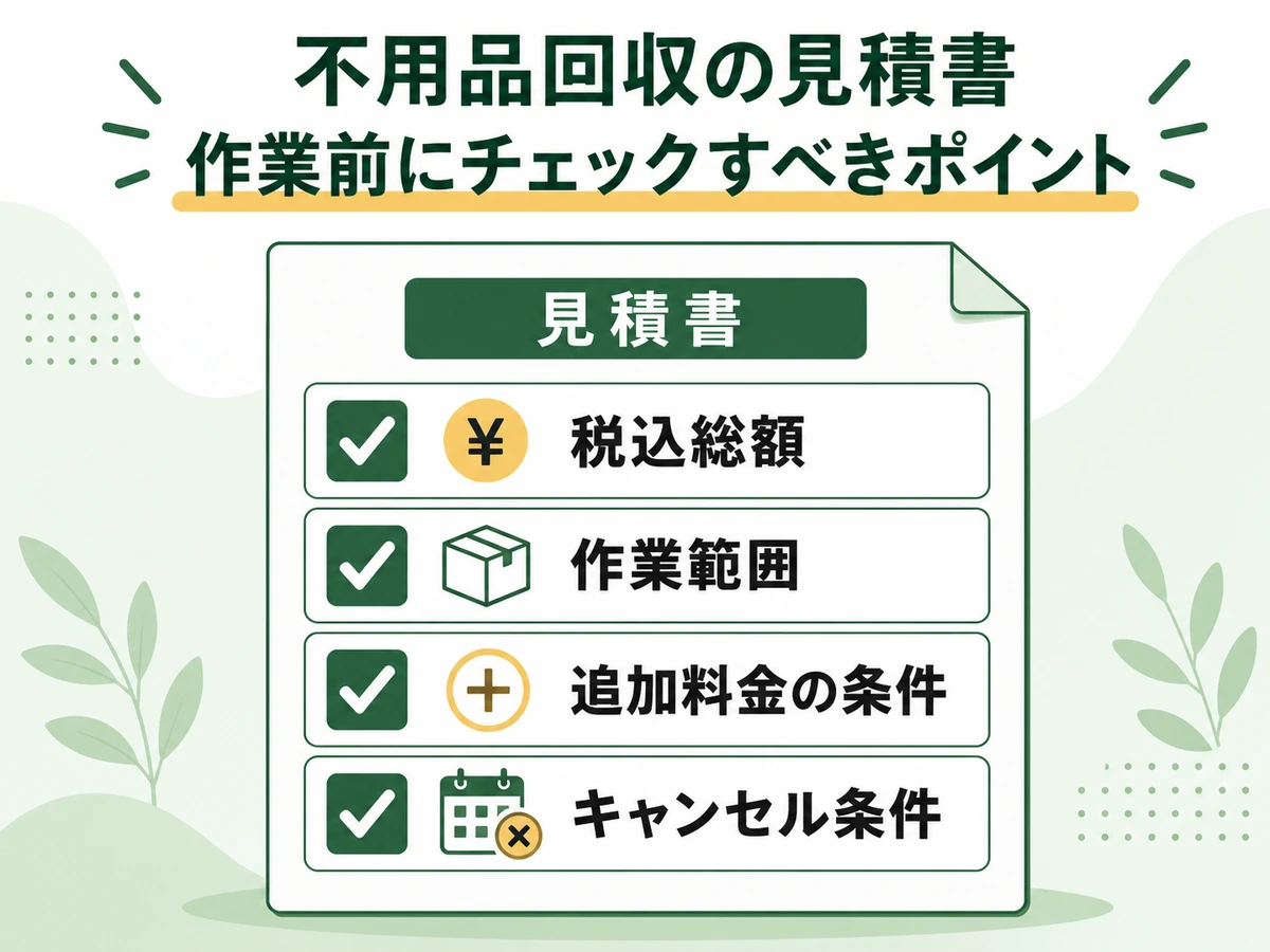 不用品回収の見積書で確認する税込総額・作業範囲・追加料金・キャンセル条件