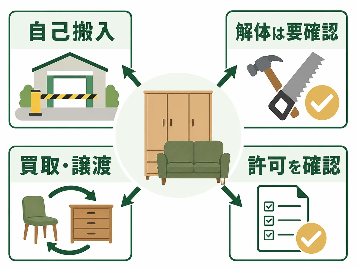 サイズ超過品を自己搬入・解体確認・買取譲渡・許可確認へ分ける判断図