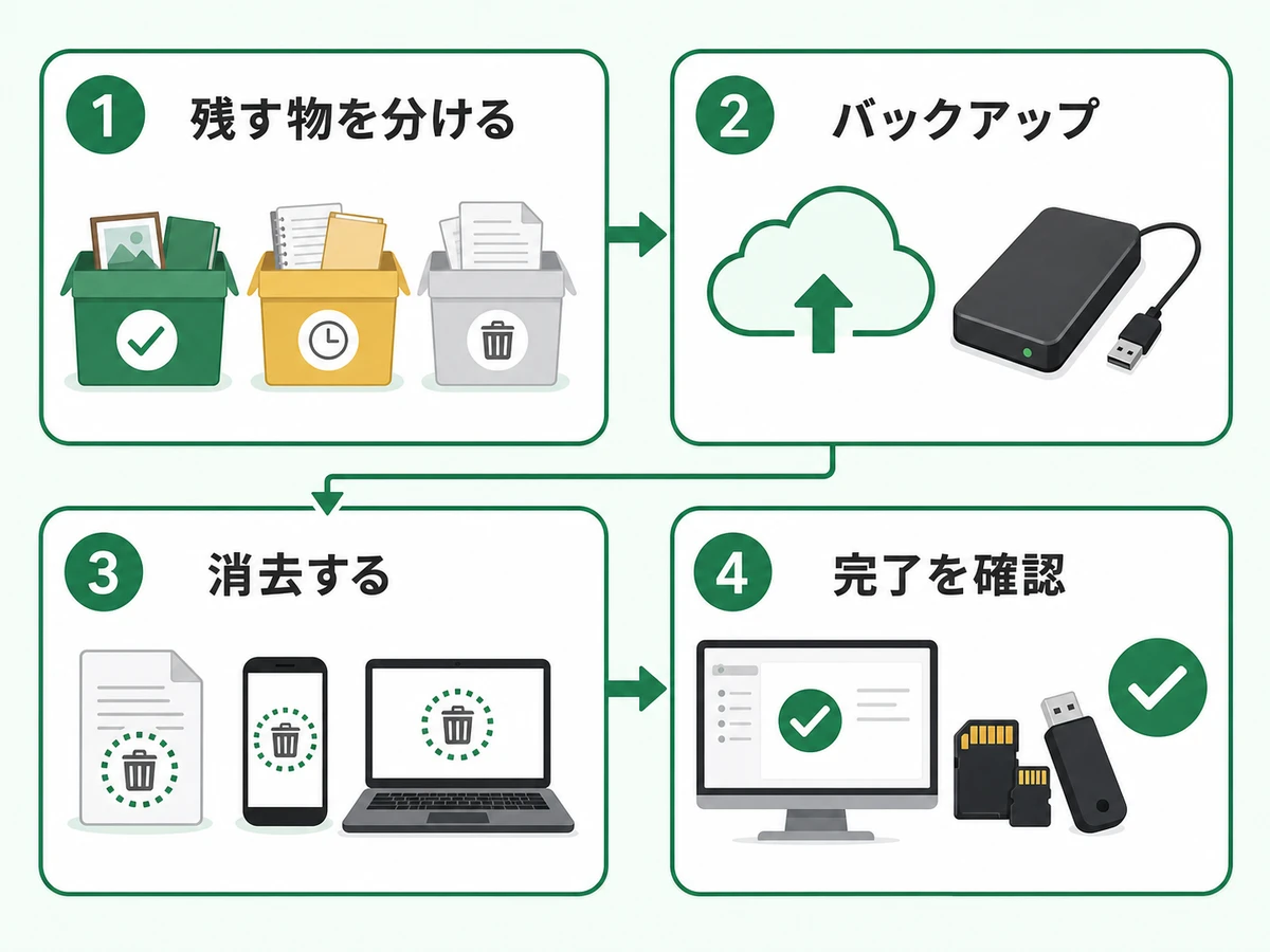 不用品回収前に残す物を分け、バックアップ、消去、完了確認へ進む4段階