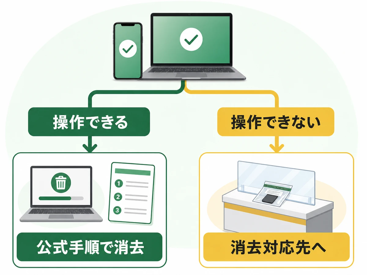 端末を操作できる場合は公式手順で消去し、操作できない場合は消去対応先へ切り替える判断図