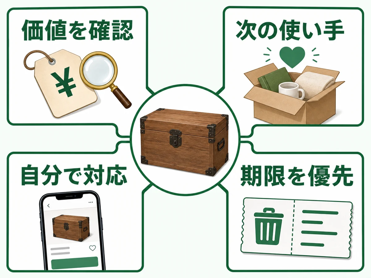 価値、次の使い手、自分での対応、期限から家具の手放し方を選ぶ判断図