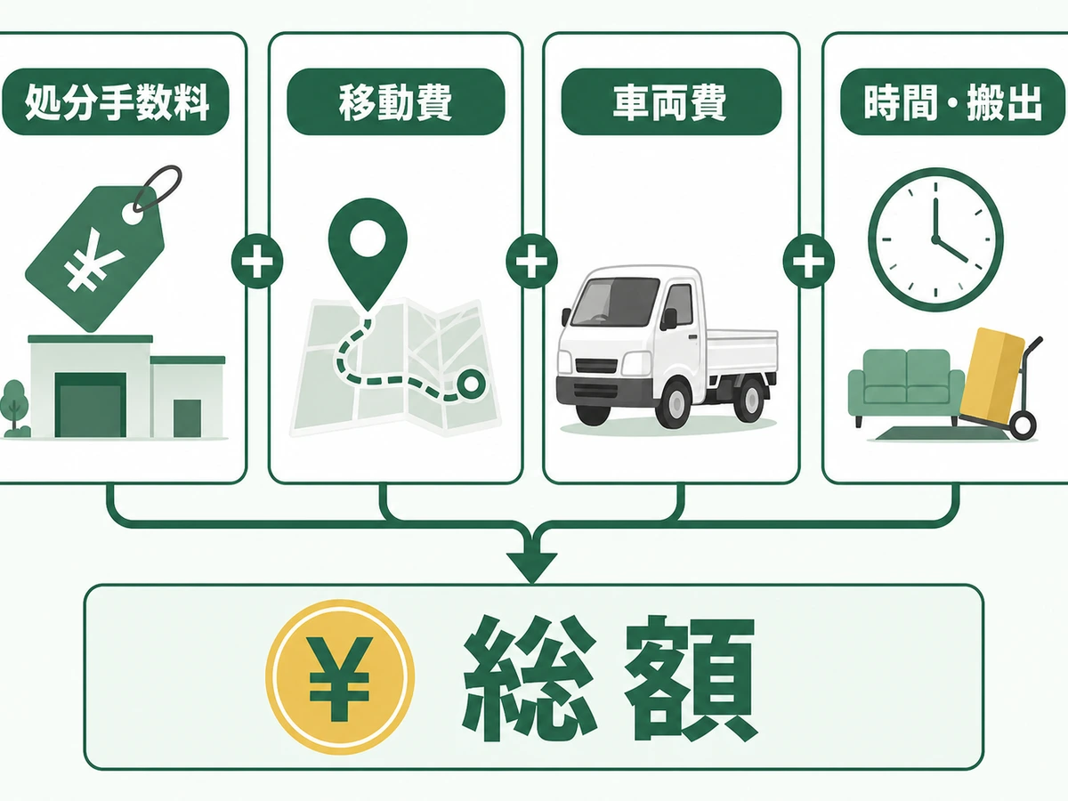 持ち込み費用を処分手数料・移動費・車両費・時間と搬出で計算する図