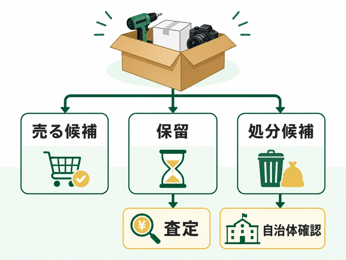 不用品を売る候補・保留・処分候補に分け、査定と自治体確認へ進む流れ