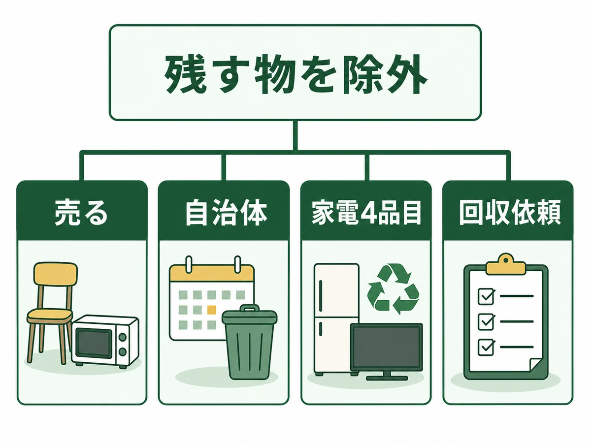 不用品から残す物を除外し、売る・自治体・家電4品目・回収依頼へ分ける判断図