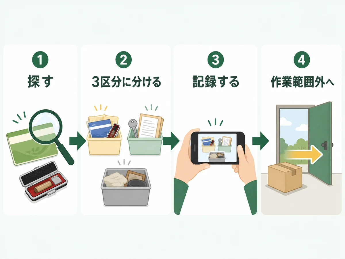 貴重品を探して3区分に分け、記録して作業範囲外へ移す確認フロー