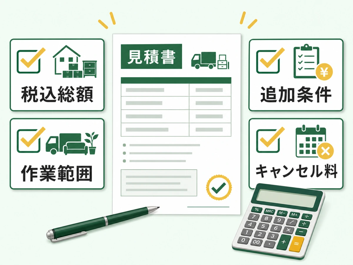 不用品回収の見積書で税込総額、作業範囲、追加条件、キャンセル料を確認する図