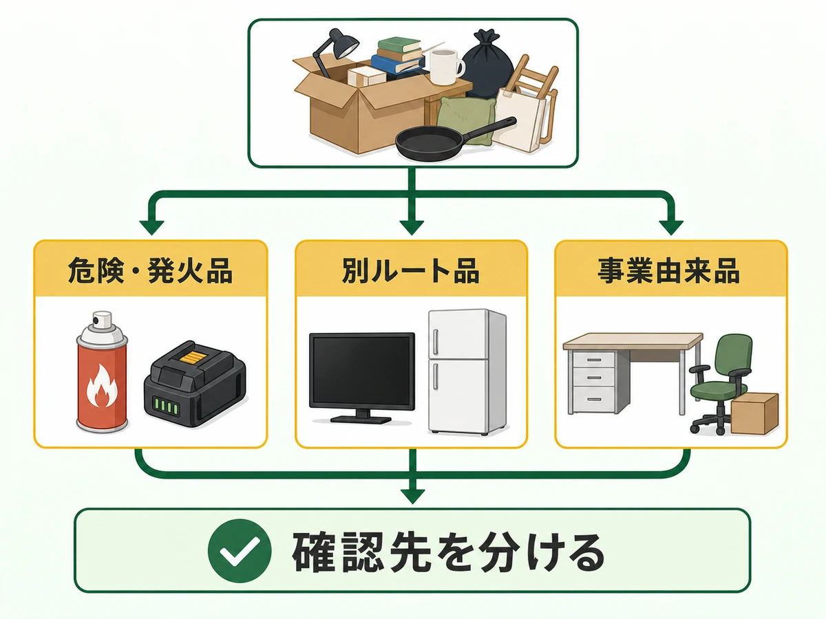 危険・発火品、別ルート品、事業由来品の3分類と確認先を示す図