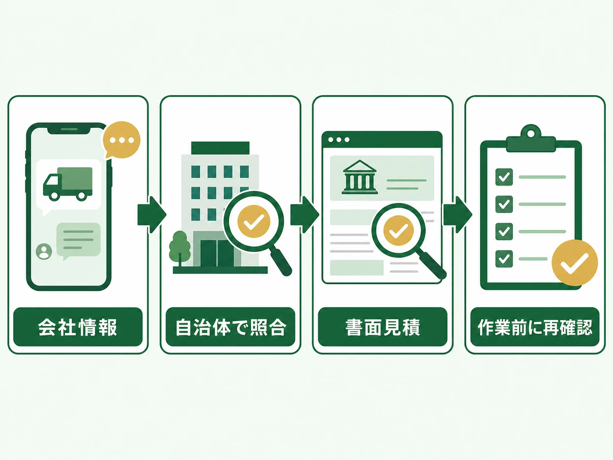 SNSの不用品回収DMを会社情報、自治体、書面見積、作業前の順で確認する流れ