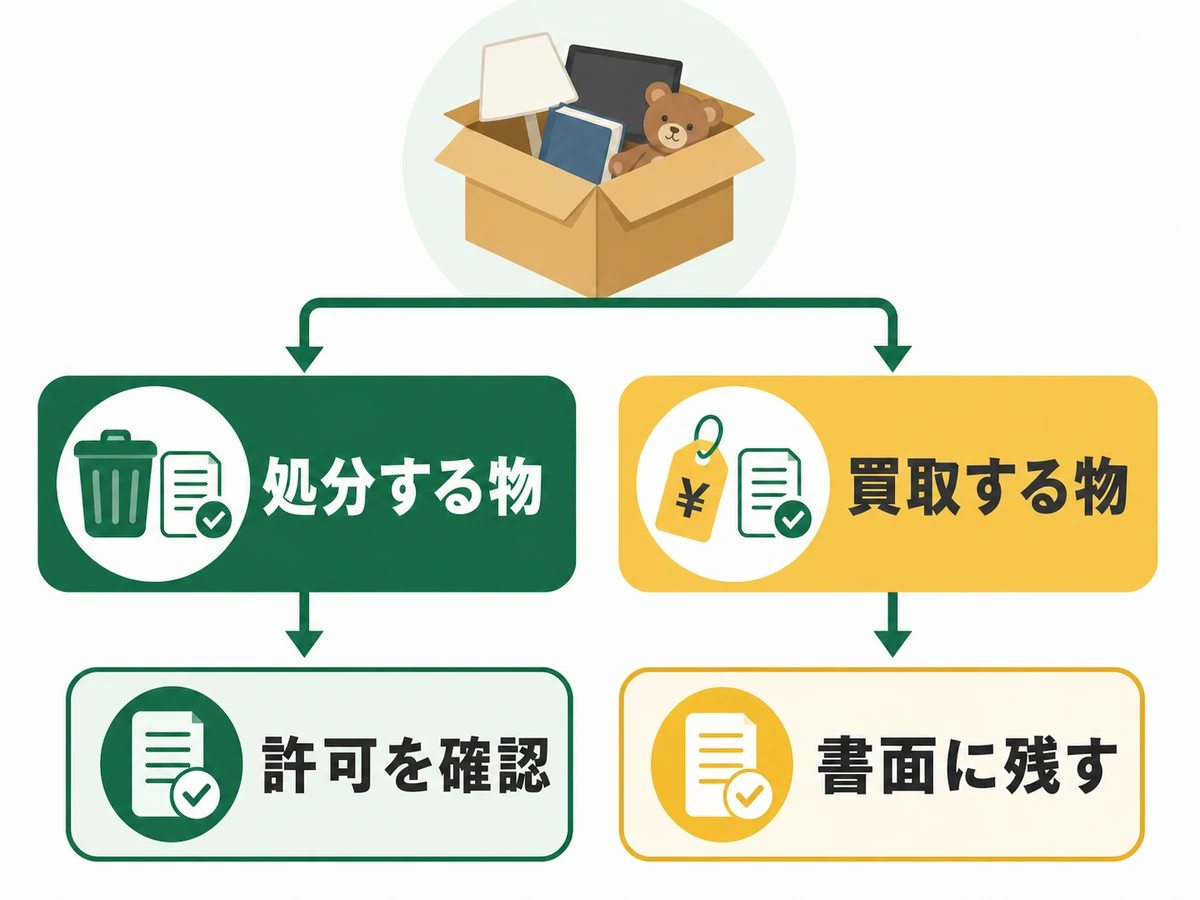 不用品を処分する物と買取する物に分け、許可確認と書面保存へ進む判断図
