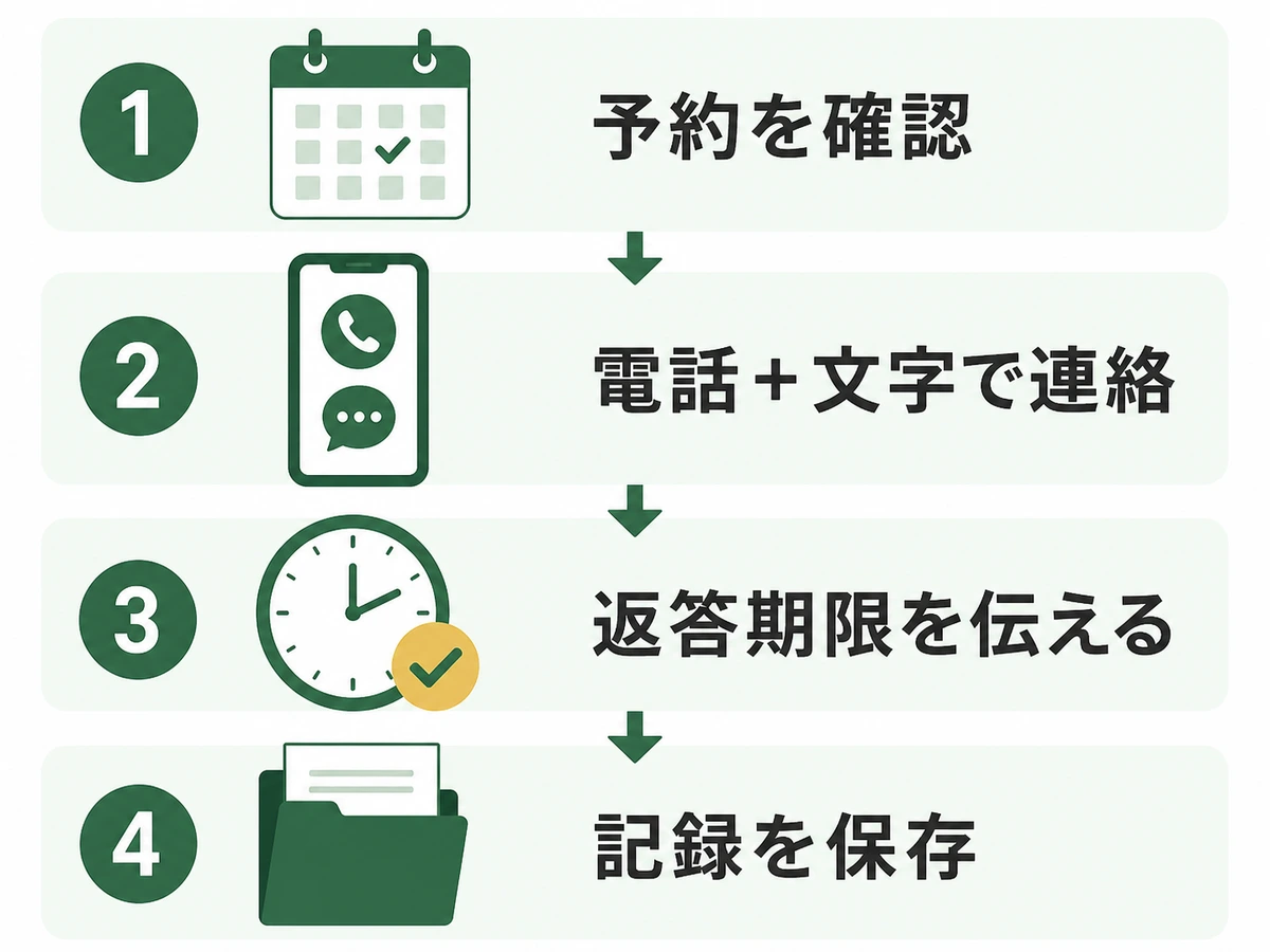 不用品回収業者が来ないときの予約確認、連絡、返答期限、記録保存のフロー