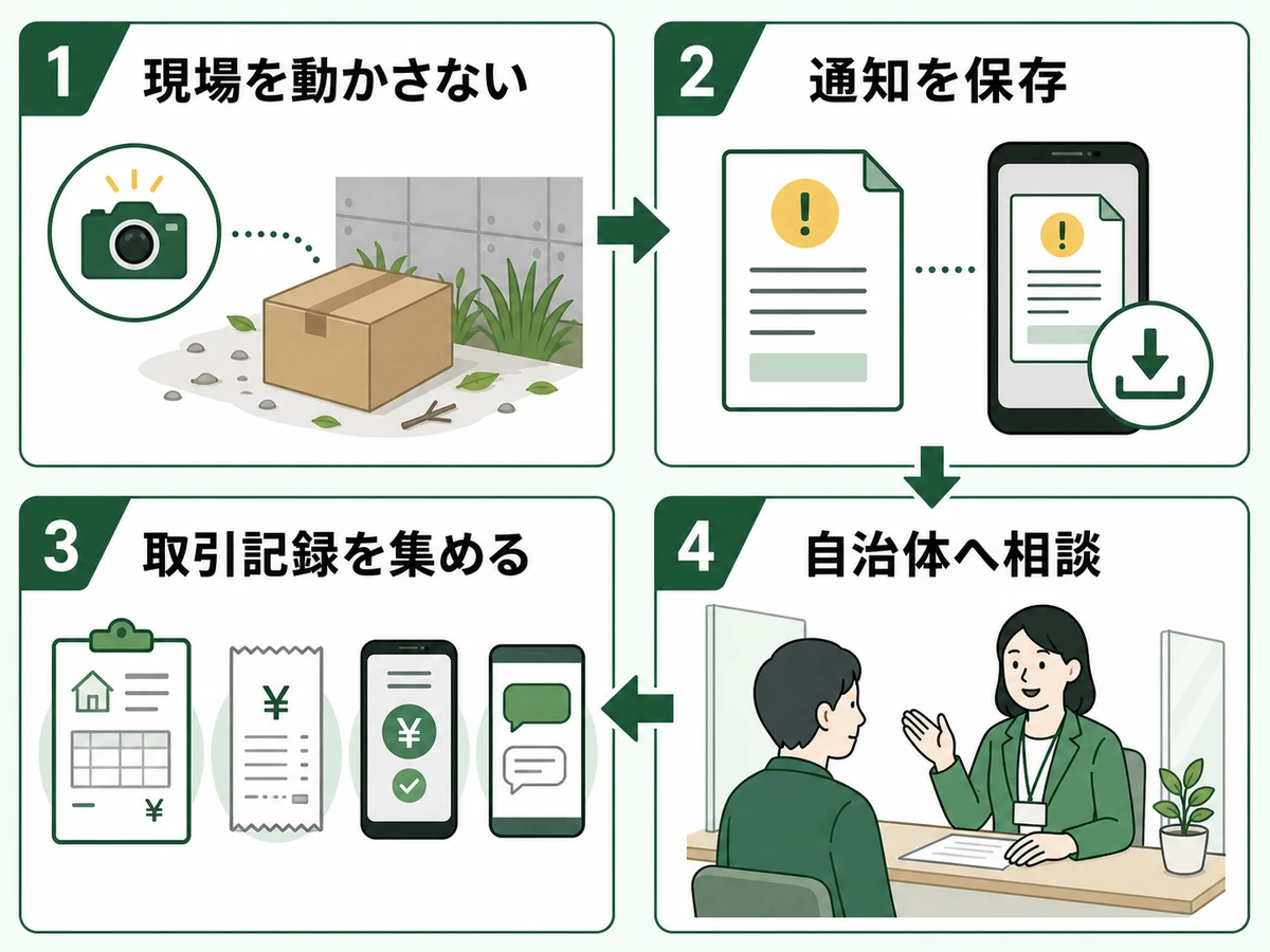 不法投棄発覚後に現場・通知・取引記録を保存して自治体へ相談する4手順
