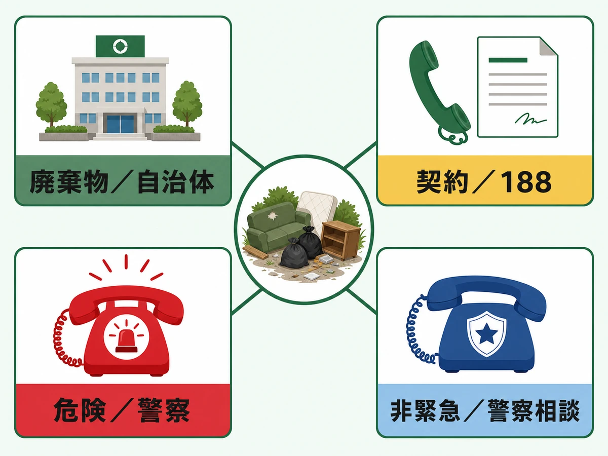不法投棄発覚後の相談先を自治体・188・警察に分ける判断図