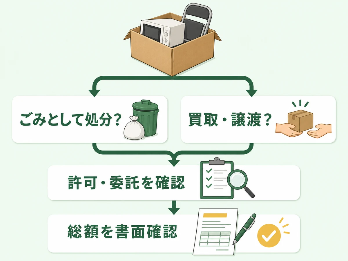 不用品を処分か買取かに分け、許可と料金を確認する流れ