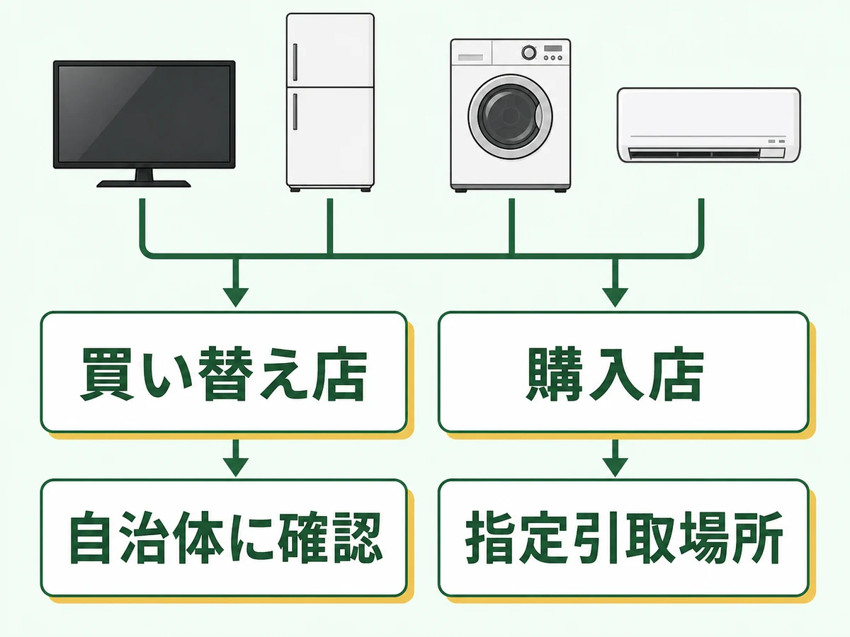 家電4品目を買い替え店・購入店・自治体・指定引取場所へ出す判断図