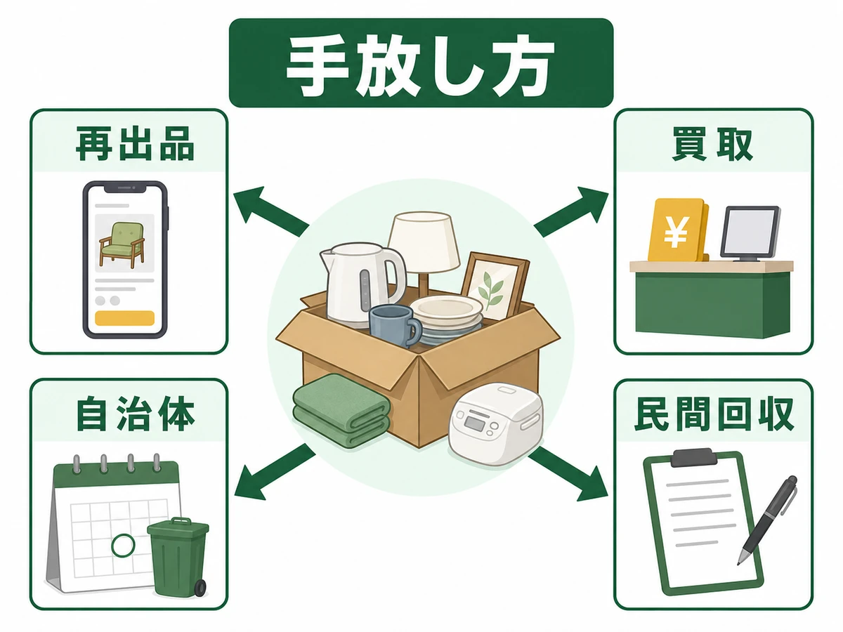 売れ残った不用品を再出品・買取・自治体・民間回収へ分ける判断図
