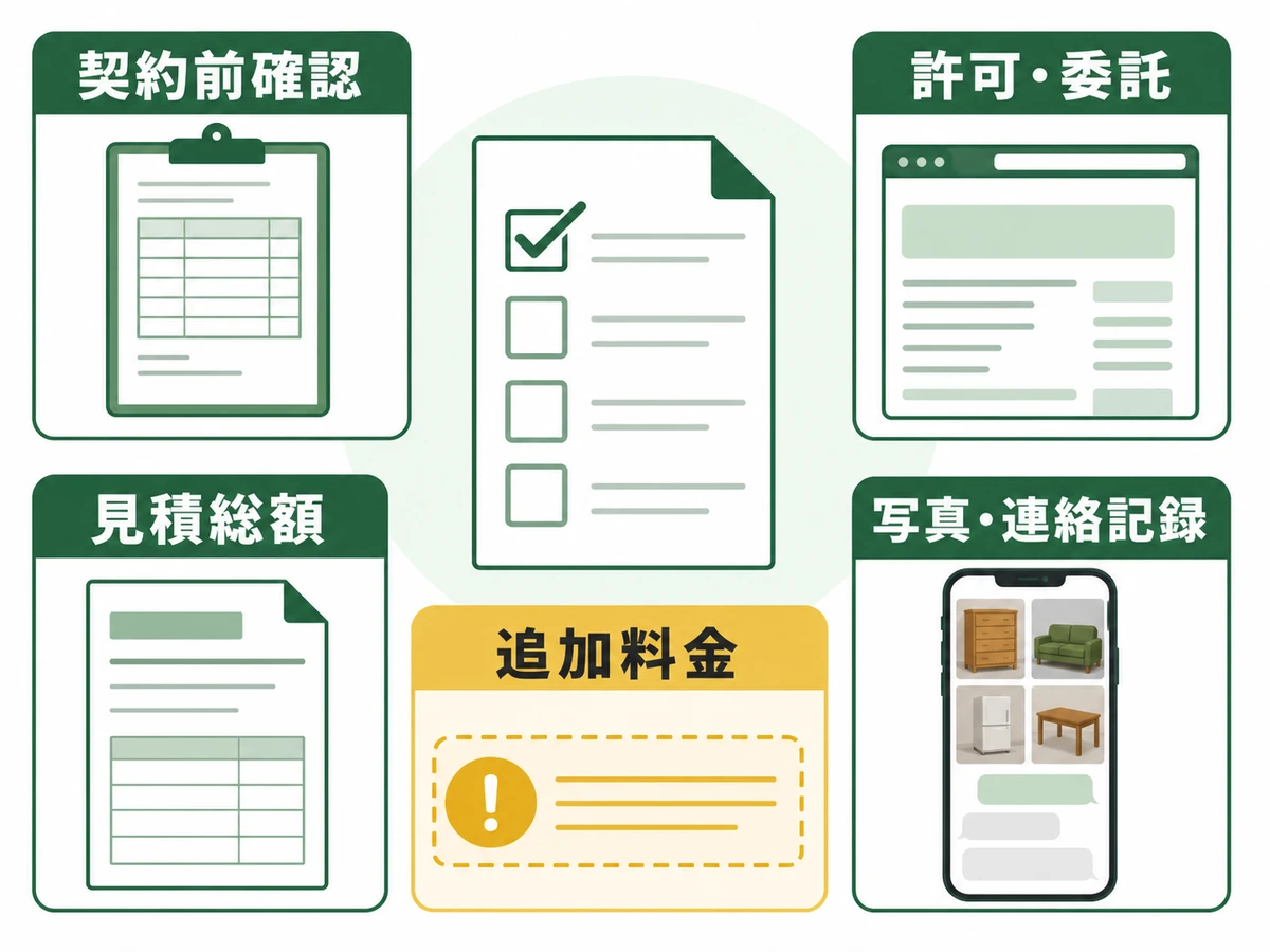 不用品回収の契約前に許可・見積総額・追加料金・記録を確認する図