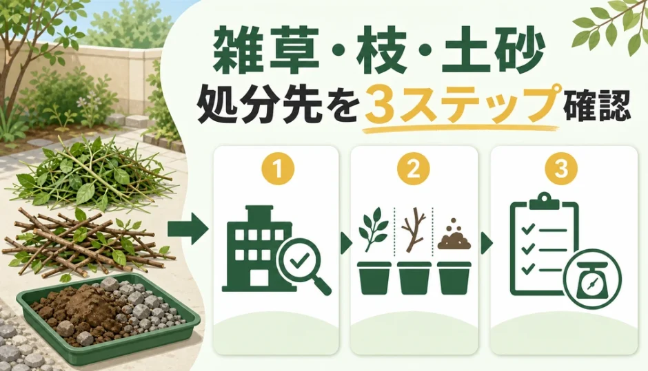 雑草・剪定枝・土砂の処分先を3ステップで確認する図