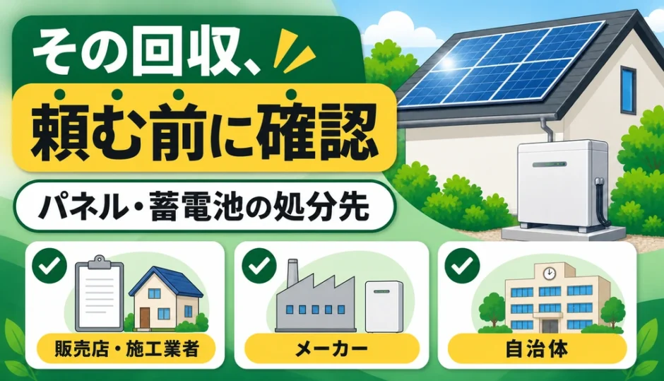 太陽光パネル・蓄電池を回収へ出す前に販売店・施工業者、メーカー、自治体を確認する図