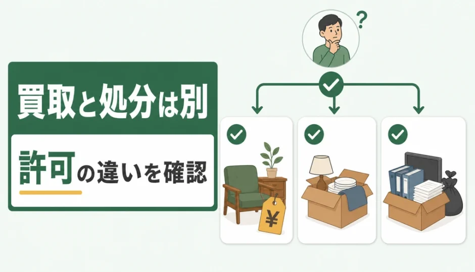 古物商許可と廃棄物収集運搬許可について買取と処分を分けて考える図