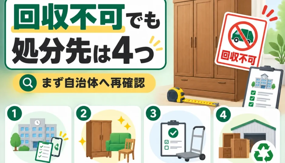 自治体で回収できない粗大ごみの処分先4つと再確認を示す図