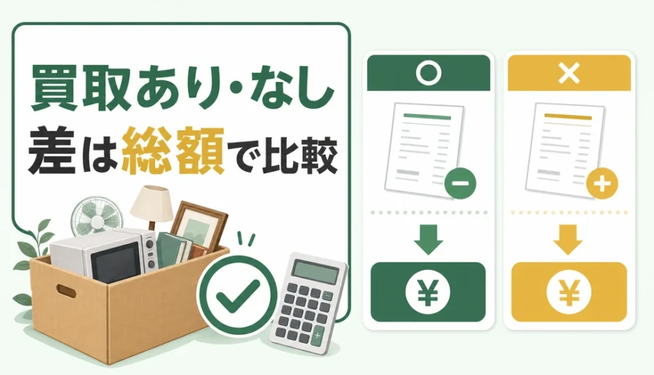 不用品回収の買取あり・なしを支払総額で比較するイメージ