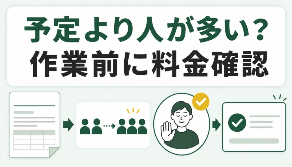 予定より多い不用品回収の作業員について、作業前に料金を確認することを示す図
