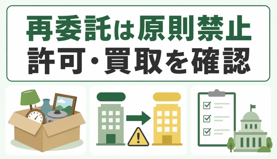 不用品回収の再委託禁止と許可・買取確認を示す図