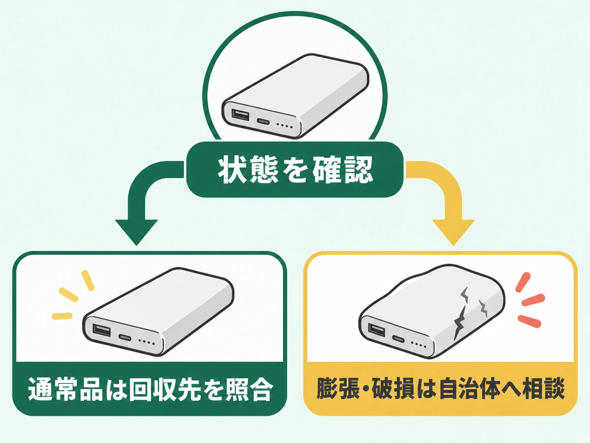 モバイルバッテリーの状態を見て通常品と膨張・破損品で回収先を分ける図