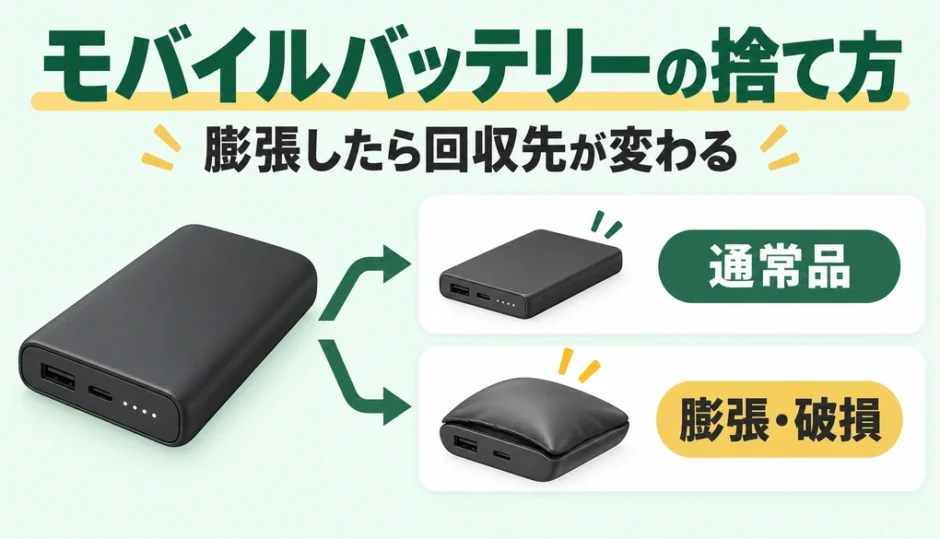 モバイルバッテリーの通常品と膨張・破損品の回収先を分けるサムネイル